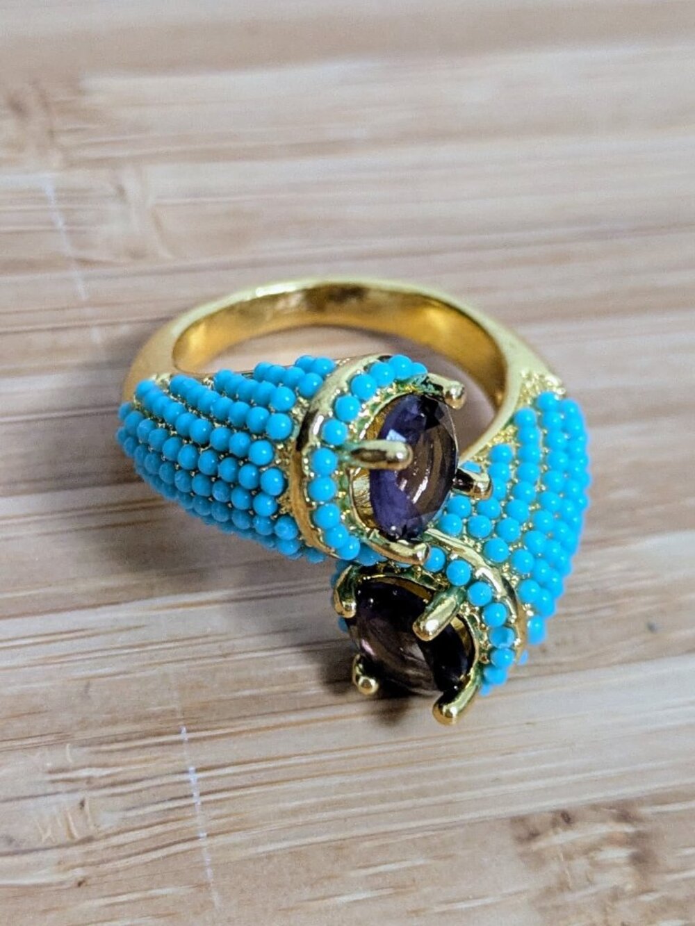 Gold Tone Maximalist Statement Ring – Faux Turquoise & Amethyst